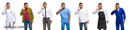 Set of doctor, barber and businessman listening to something by putting hand on the ear