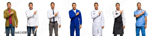 Set of doctor, barber and businessman surprised and pointing side