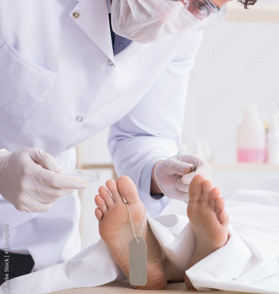 Police coroner examining dead body corpse in morgue Police coroner examining dead body corpse in morgue