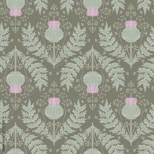 Εκτύπωση καμβά Cardoon thistle and dill flower seamless repeat vector pattern swatch