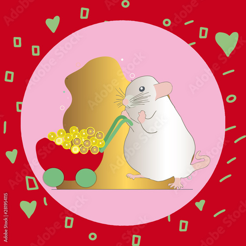 Happy white metal rat loaded with gold coins.