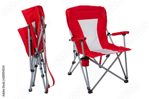 Canvas-taulu red folding chair for fishing or for camping, two options, on a white background