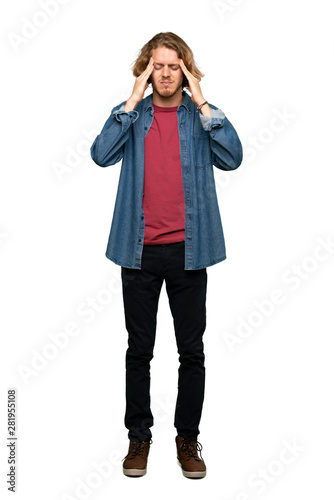Full-length shot of Blonde man with headache over isolated white background