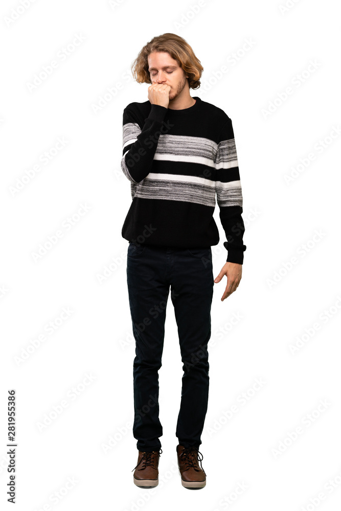 Full-length shot of Blonde man having doubts over isolated white background Full-length shot of Blonde man having doubts over isolated white background
