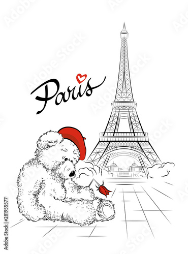 Postcard with Teddy bear and Eiffel tower from Paris, France. Vector illustration