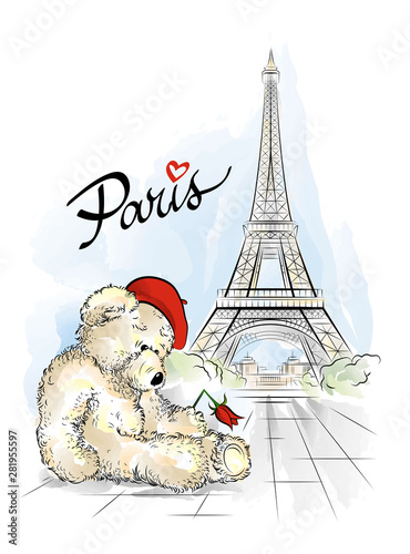 Postcard with Teddy bear and Eiffel tower from Paris, France. Vector illustration