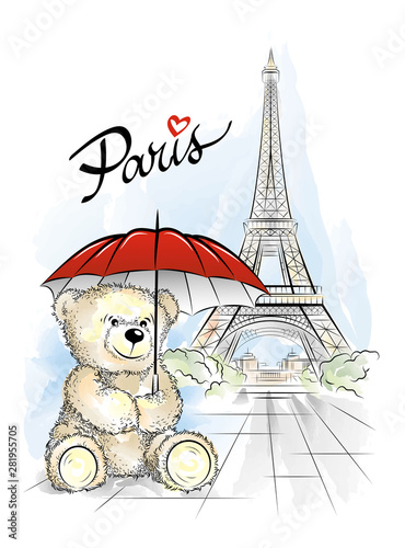 Postcard with Teddy bear and Eiffel tower from Paris, France. Vector illustration