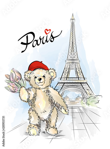 Postcard with Teddy bear and Eiffel tower from Paris, France. Vector illustration