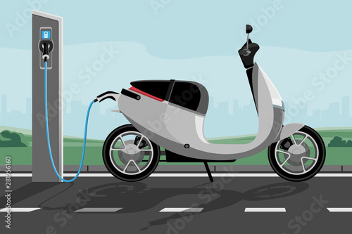 Electric scooter with charging station on a city street. Vector illustration
