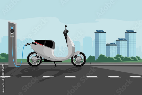 Electric scooter with charging station on a city street. Vector illustration