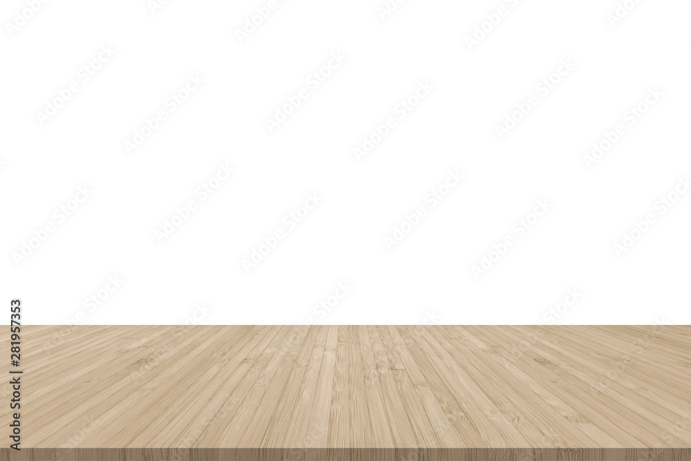 Naklejka premium Isolated wood floor in sepia tan color with empty white wall background