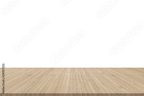 Isolated wood floor in sepia tan color with empty white wall background