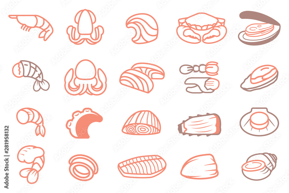 Basic Seafood ingredients of Thai BBQ or other menu (icon set 1).