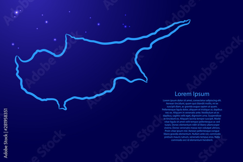 Fotografie, Obraz Cyprus map from the contour blue brush lines different thickness and glowing stars on dark background