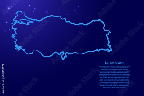 Turkey map from the contour blue brush lines different thickness and glowing stars on dark background. Vector illustration.
