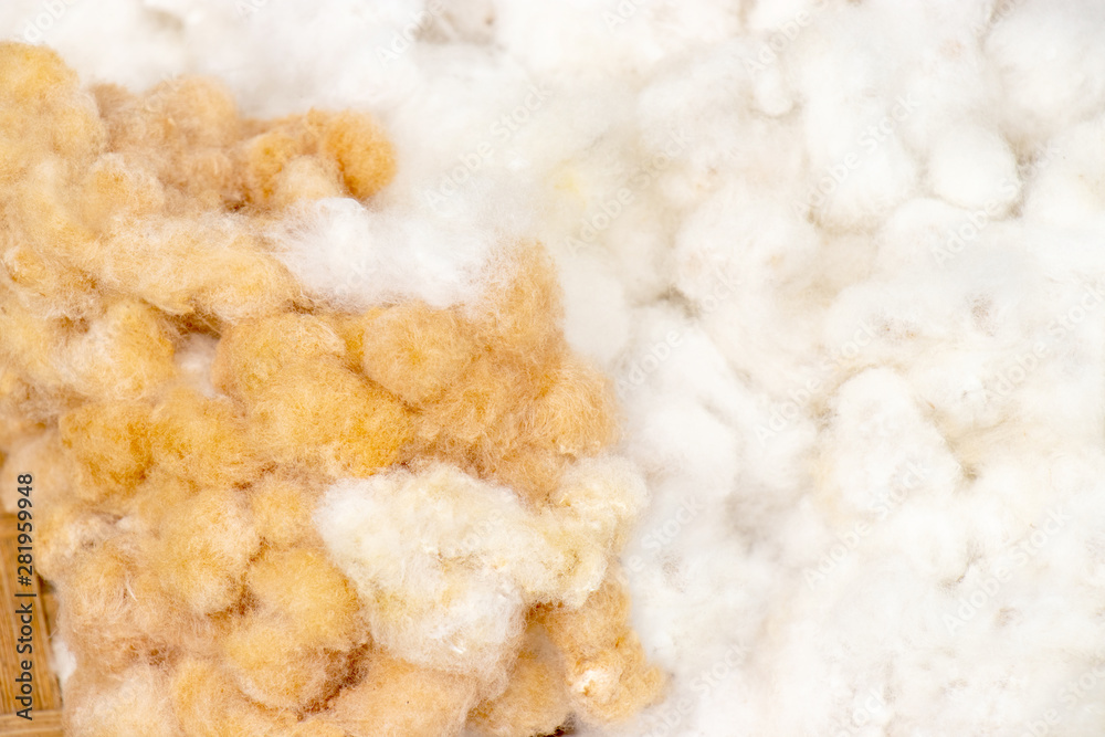 heap of brown and white cotton wool from cotton flowers in basket.
