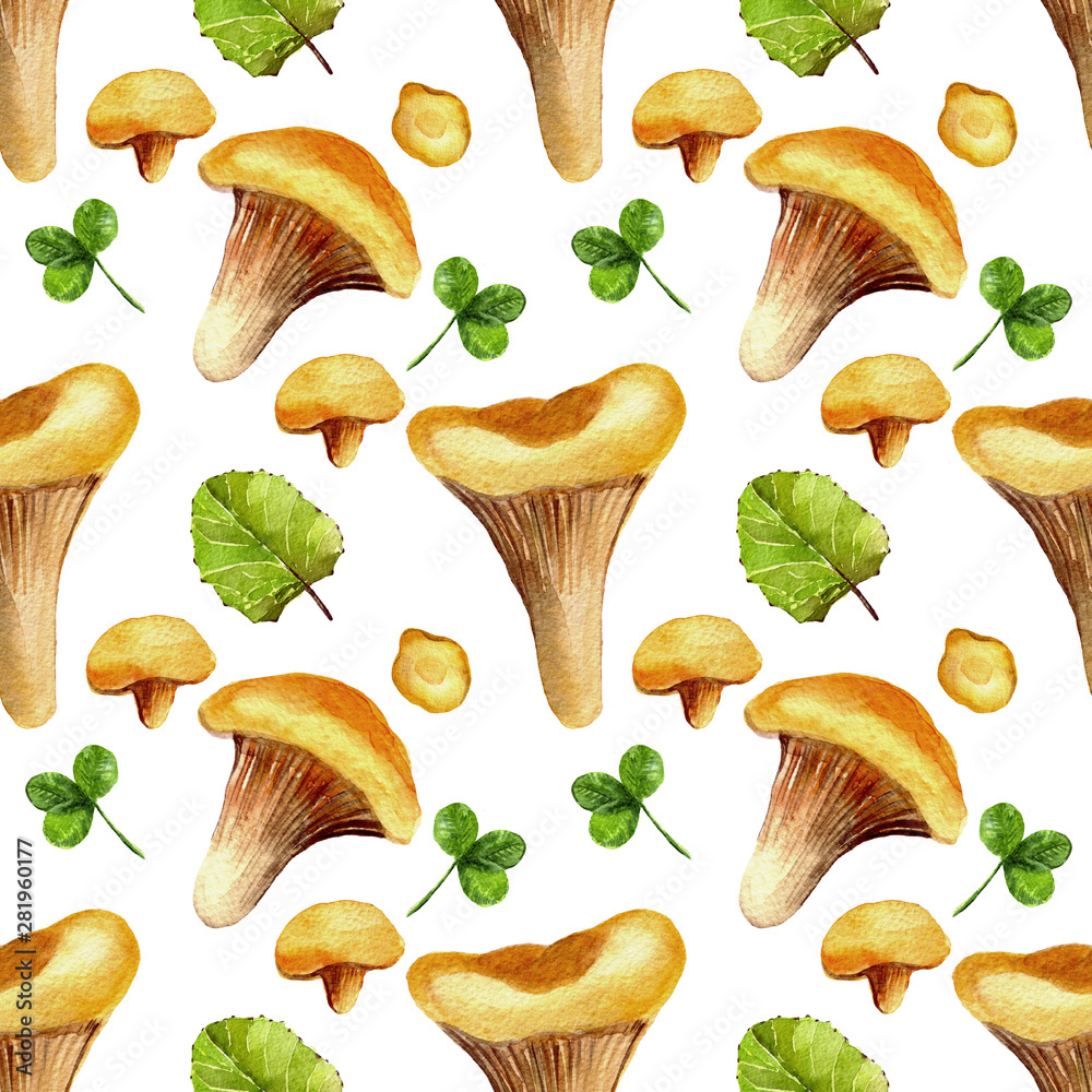 Watercolor mushrooms seamless pattern.Hand drawing painting.