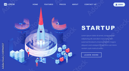 Launching startups isometric landing page template. People launching spacecraft in space. Businessmen, coworkers, investors teamwork for launching creative projects, starting innovative business ideas