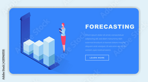 Business forecasting isometric landing page template. Female marketing expert analyzing statistical data, predicting company growth. Investment consultant, financier, broker studying economy trends