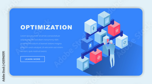 Optimization isometric landing page template. 3d economist, finance expert making decisions, choosing problem solving options cartoon character. Consulting agency website page design layout