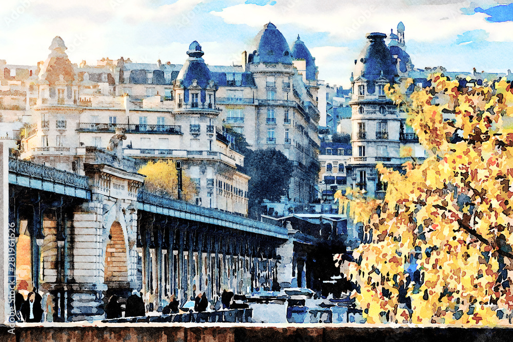 Beautiful Digital Watercolor Painting of the Bir Hakeim bridge in Paris, France.