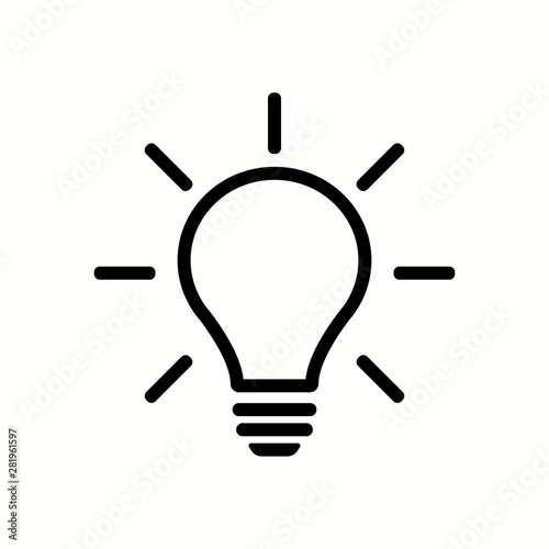 Lightbulb or bulb, black color with rays. Bulb or lightbulb, creative idea sign. Bulb, lightbulb, mind working sign.