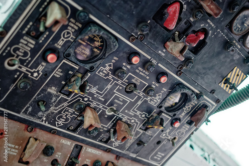 old vintage aircraft cockpit detail, pattern of multi meter gauge measure background photo