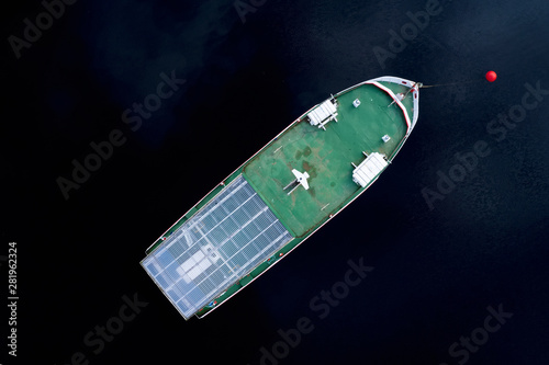 Empty tourist ship aerial view from above on Loch Lomond