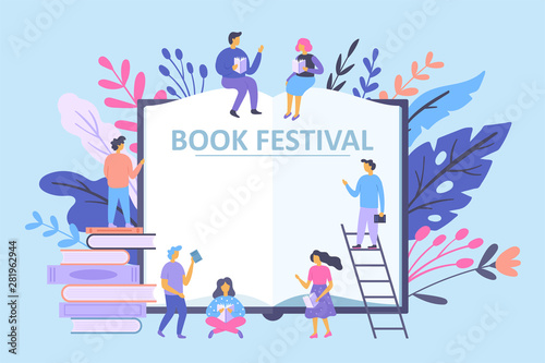 Book festival concept with small characters people reading books.