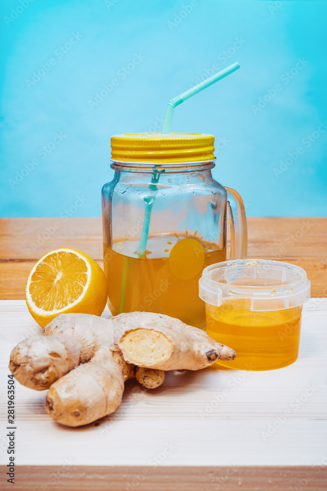 Homemade soft drink in a switchel in a mason jar