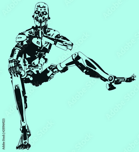 The robot sits on the object and calls for silence with his finger to his lips
