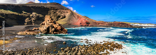 Beauty in nature - volcanic island Lanzarote, impressive colorful beach El Golfo. Canary islands photo