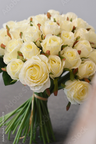 Bridal, wedding white roses bouquet. Beautiful flowers.