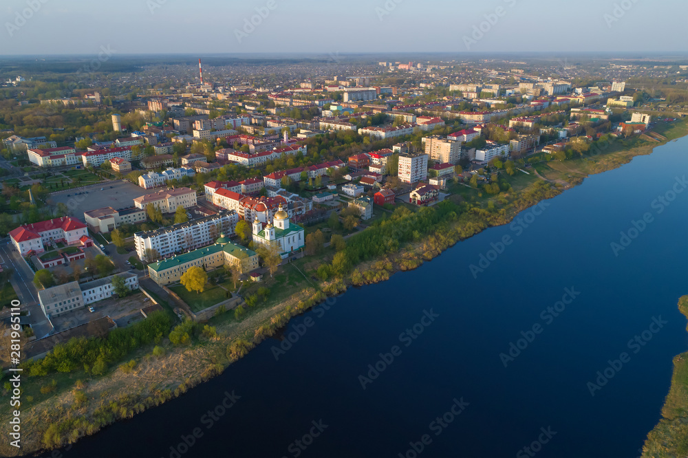 Panorama of modern Polotsk on a sunny April day (aerial photography). Belorus
