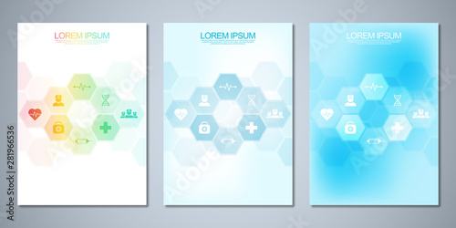 Template brochure or cover design, book, flyer, with medical icons and symbols. Healthcare, science and medicine technology concept.