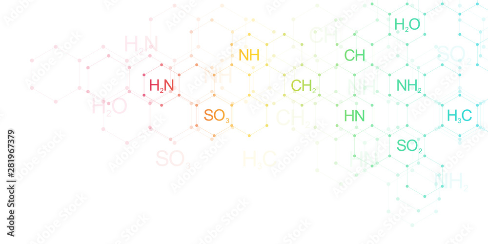 Abstract chemistry pattern on clean white background with chemical formulas and molecular structures. Template design with concept and idea for science and innovation technology.