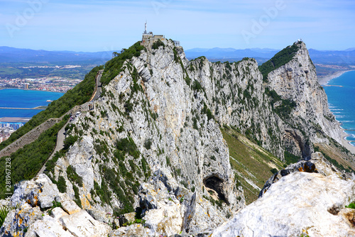 View of the Rock of Gibraltar, a British Overseas Territory on the South coast of Spain where the Mediterranean Sea meets the Atlantic Ocean