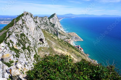 View of the Rock of Gibraltar, a British Overseas Territory on the South coast of Spain where the Mediterranean Sea meets the Atlantic Ocean