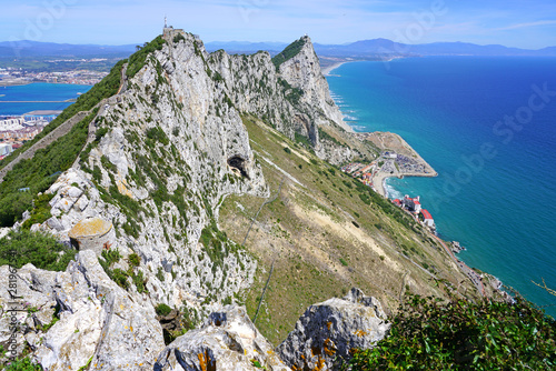 View of the Rock of Gibraltar, a British Overseas Territory on the South coast of Spain where the Mediterranean Sea meets the Atlantic Ocean