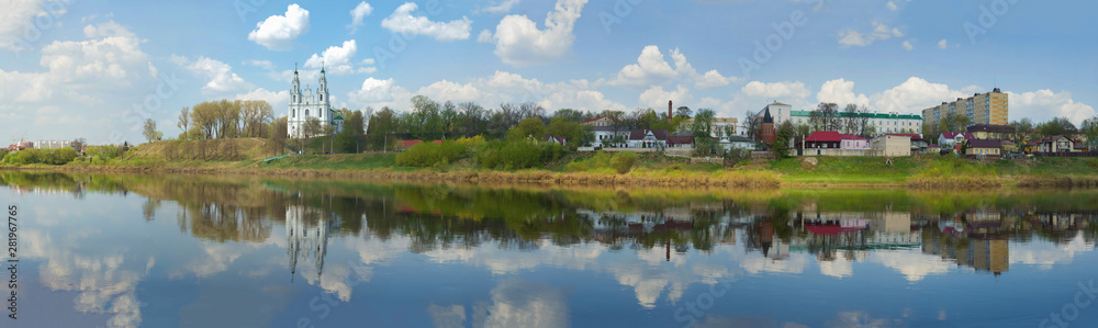 Panorama of the Western Dvina River on a cloudy April day. Polotsk, Belarus