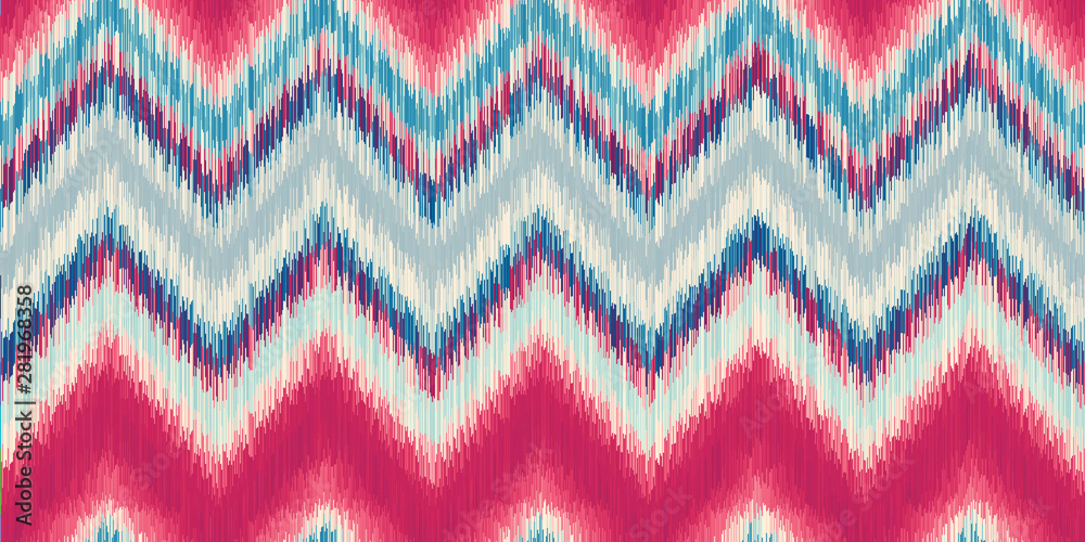 Modern Ikat Chevron Seamless Repeat Vector Pattern Swatch.  Ancient Indonesian Weaving Technique.  Ombre, gradient, colorful. Zig zag.