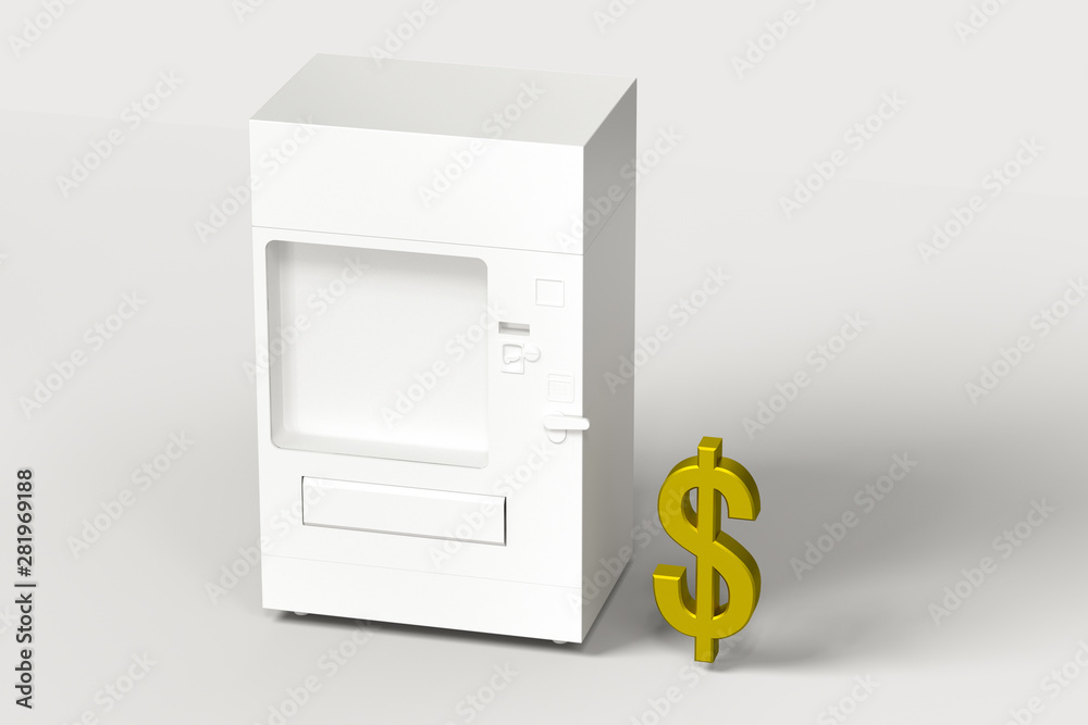The white model of vending machine and money model, 3d rendering. The white model of vending machine and money model, 3d rendering.