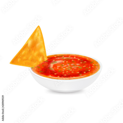 Mexican nachos chips with salsa sauce, vector.