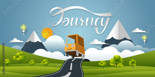 Paper art of Panorama landscape and car moving along the road on mountain in spring time, Flat and digital craft style vector illustration.