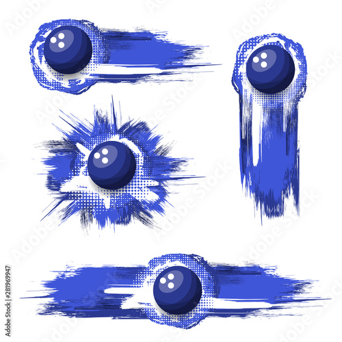 Set of blue bowling balls with different grunge ink blots frames isolated on white background