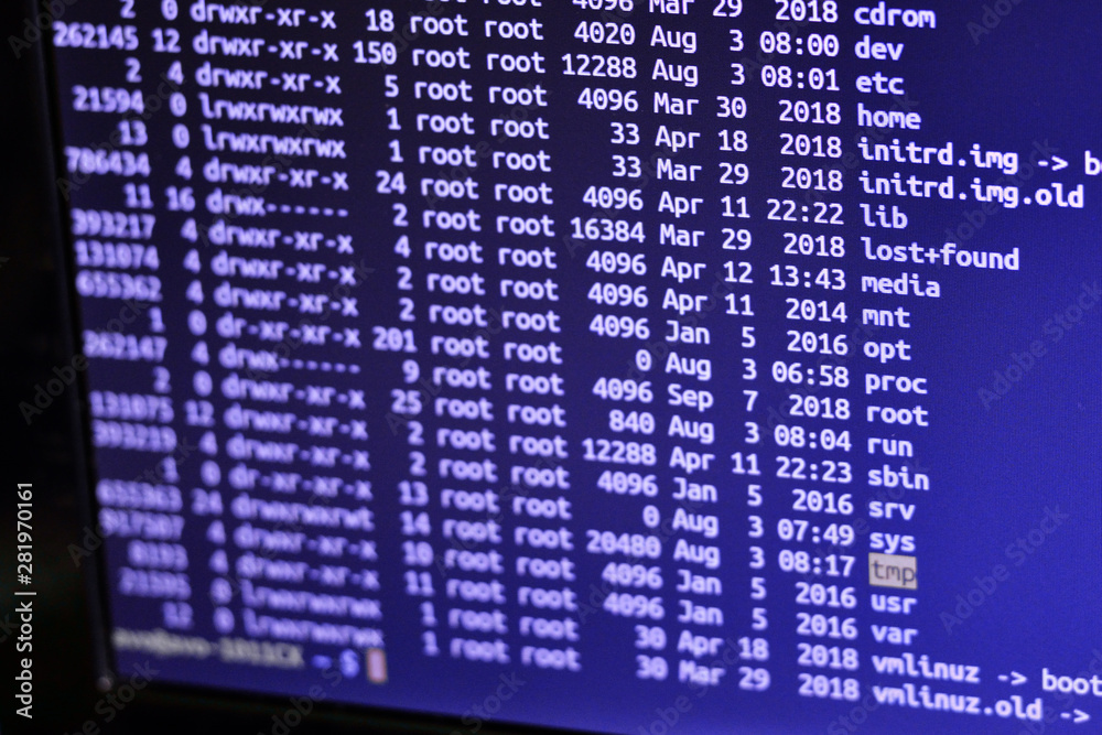 Shows the root of the disk on the server. The screen of the text monitor in the Linux system. Shows the root of the disk on the server. The screen of the text monitor in the Linux system.