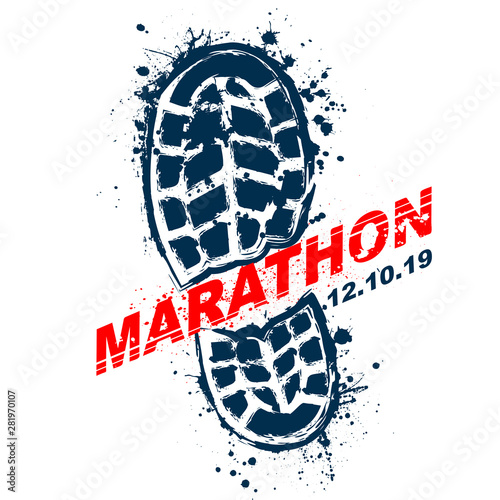 Grunge silhouette of shoe print on white background with in blots and text
