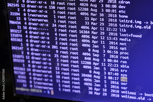 Shows the root of the disk on the server. The screen of the text monitor in the Linux system.