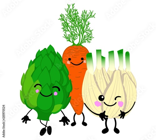 set of cute vegetables with eyes and smiles on a white background. .