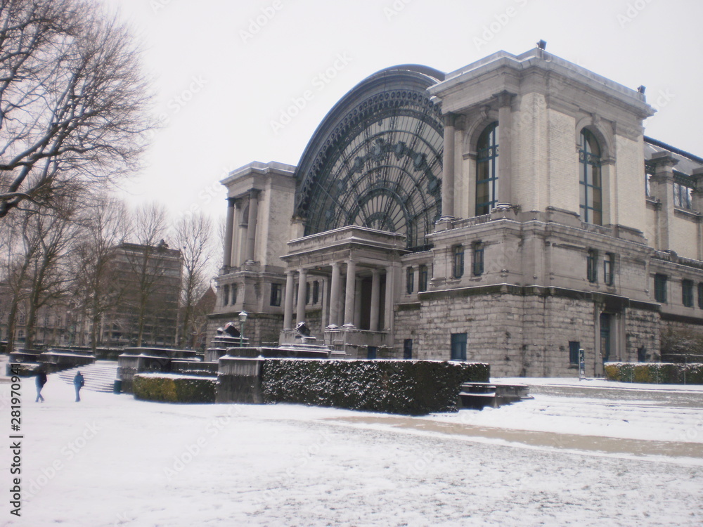 Main Facade Of The Royal Army Museum And Military History In Brussels On A Snow Day In Brussels. March 22, 2013. Brussels, Belgium. Vacation Nature Street Photography. Main Facade Of The Royal Army Museum And Military History In Brussels On A Snow Day In Brussels. March 22, 2013. Brussels, Belgium. Vacation Nature Street Photography.